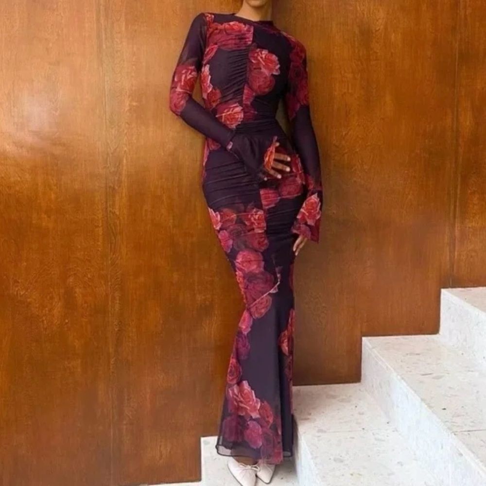 House of CB Ruched Georgette Rose Longsleeve Maxi Dress XS - Floral